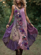 Load image into Gallery viewer, Vintage Classy Gradient Purple Lavender And Floral Embroidered Linen Suspender Long Dress