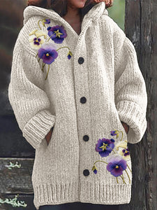 Pansy Flowers Embroidery Cozy Knit Hooded Cardigan