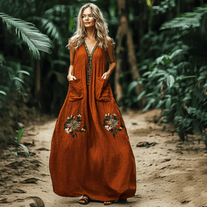Women's Vintage Pocket Sleeveless Linen Maxi Dress