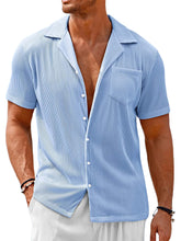 Load image into Gallery viewer, Men's Cuban Collar Pocket Solid Color Vertical Striped Pocket Short-sleeved Shirt