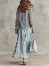 Load image into Gallery viewer, Elegant Dusty Blue Sheer Blouse &amp; Fitted Maxi Dress Co-ord Set