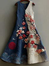 Load image into Gallery viewer, Women's Vintage Japanese Cherry Blossom And Wave Moon Art Linen Dress
