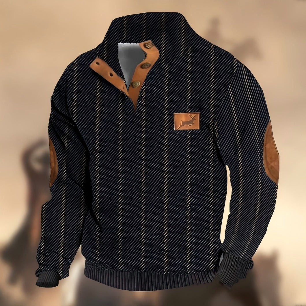 Men's Retro Country Casual Twill Wool Elk Logo Stand Collar Button Sweatshirt