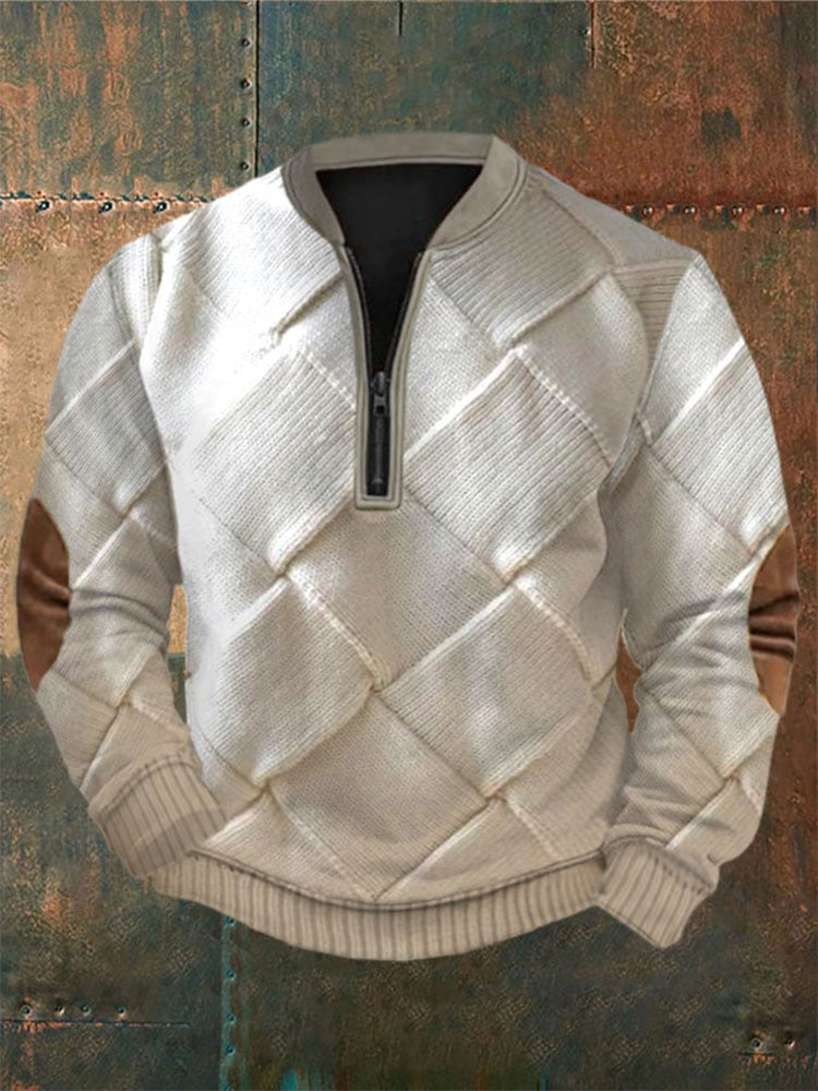 Men's Western Vintage Print Plush Stand Collar Zip Sweatshirt