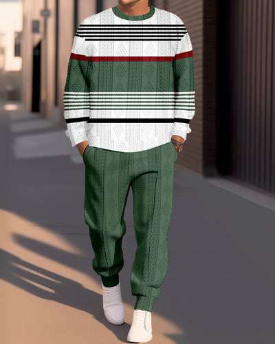 Men's Textured Jacquard Round Neck Casual Sports Set  017