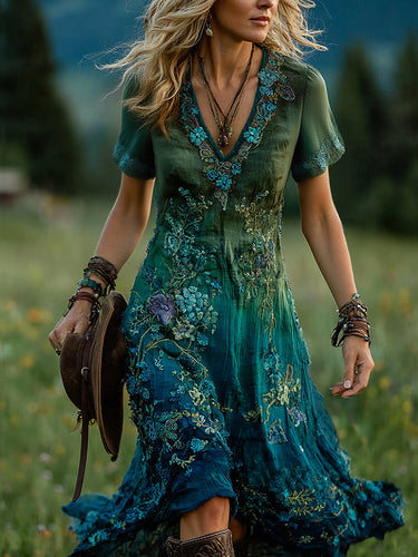 Classy Gradient Blue Rose And Floral Embroidered Linen Maxi Dress