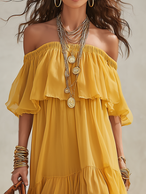 Load image into Gallery viewer, Vibrant Sunflower Yellow Off-the-Shoulder Tiered Chiffon Maxi Dress