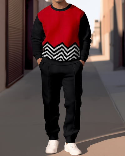 Men's Simple Colorblock Round Neck Casual Sports Set 058