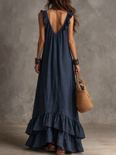 Load image into Gallery viewer, Elegant Bohemian V Neck Ruffle Maxi Dress In Deep Navy