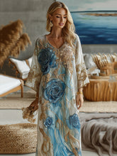 Load image into Gallery viewer, Vintage Marble Texture Collection Women Style Gradient Gilded With Rose Pattern Linen Long Dress