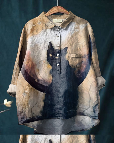 Halloween Moonlight Cat Cotton and Linen Casual Shirt