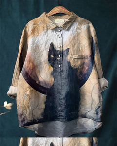 Halloween Moonlight Cat Cotton and Linen Casual Shirt