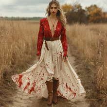 Load image into Gallery viewer, Women's Retro V-neck Linen Pastoral Halloween Style Long-sleeve Maxi Long Dress