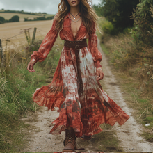 Load image into Gallery viewer, Women's Retro V-neck Linen Pastoral Halloween Style Long-sleeve Maxi Long Dress