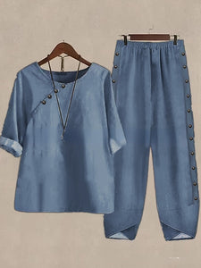 5/4 Sleeved Cotton Linen Top And Pants Two-piece Set