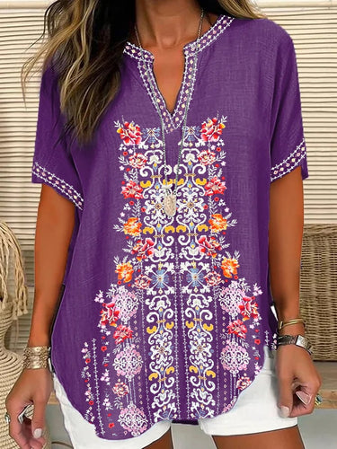 Women's Embroidered Printed V-Neck Loose Short-Sleeved Top