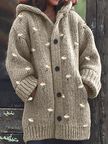 Cottage Daisy Embroidery Pattern Cozy Knit Hooded Cardigan