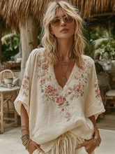 Load image into Gallery viewer, Vintage Pink Roses Art V Neck Linen Tunic