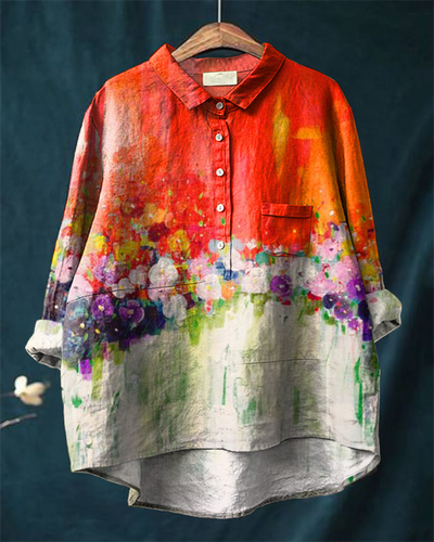 Vintage Art Floral Print Casual Cotton and Linen Shirt