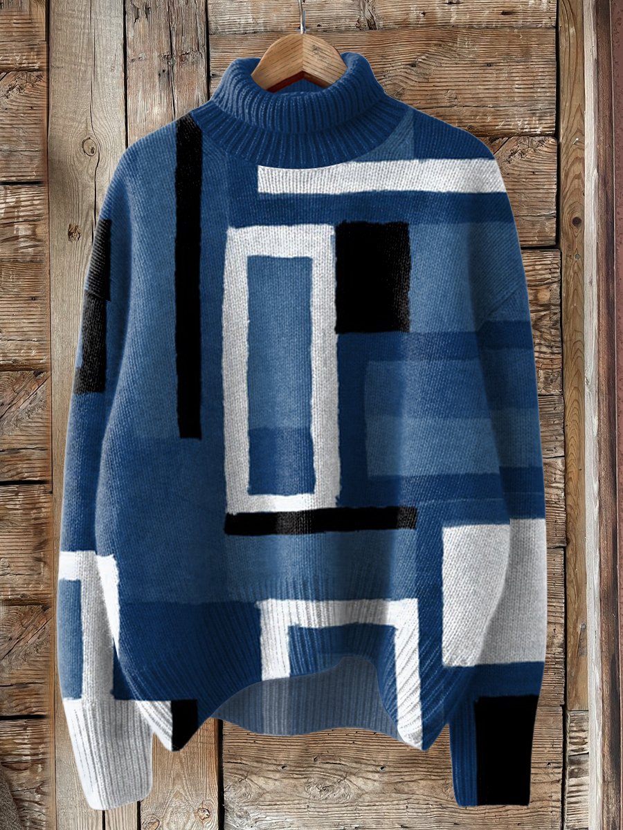 Cowboy Blue Square Geometry Print Knit Turtleneck Pullover Sweater