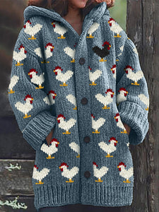 Vintage Rooster Pattern Cozy Knit Hooded Cardigan