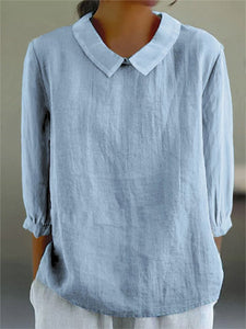 Women's Solid Color Casual Cotton And Linen 3/4 Sleeve Shirt