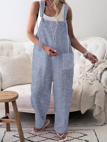 Women's Retro Striped Design Casual Pocket Jumpsuit