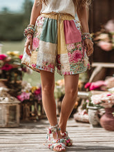 Load image into Gallery viewer, Women's Holiday Patchwork Floral Contrast Color Belt Pocket Shorts