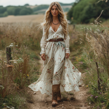 Load image into Gallery viewer, Women's Retro V-neck Floral Long-sleeve Bohemian Pastoral Style Maxi Long Dress