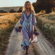 Load image into Gallery viewer, Spring Girl Green Pastoral Style Retro Floral Embroidery Pattern Art Linen V-neck Maxi Dress