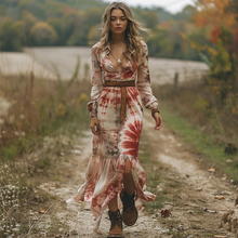 Load image into Gallery viewer, Women's Retro V-neck Pastoral Halloween Party Style Long-sleeve Maxi Long Dress