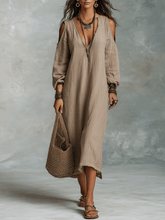Load image into Gallery viewer, Relaxed Bohemian Cold-Shoulder Linen Midi Dress