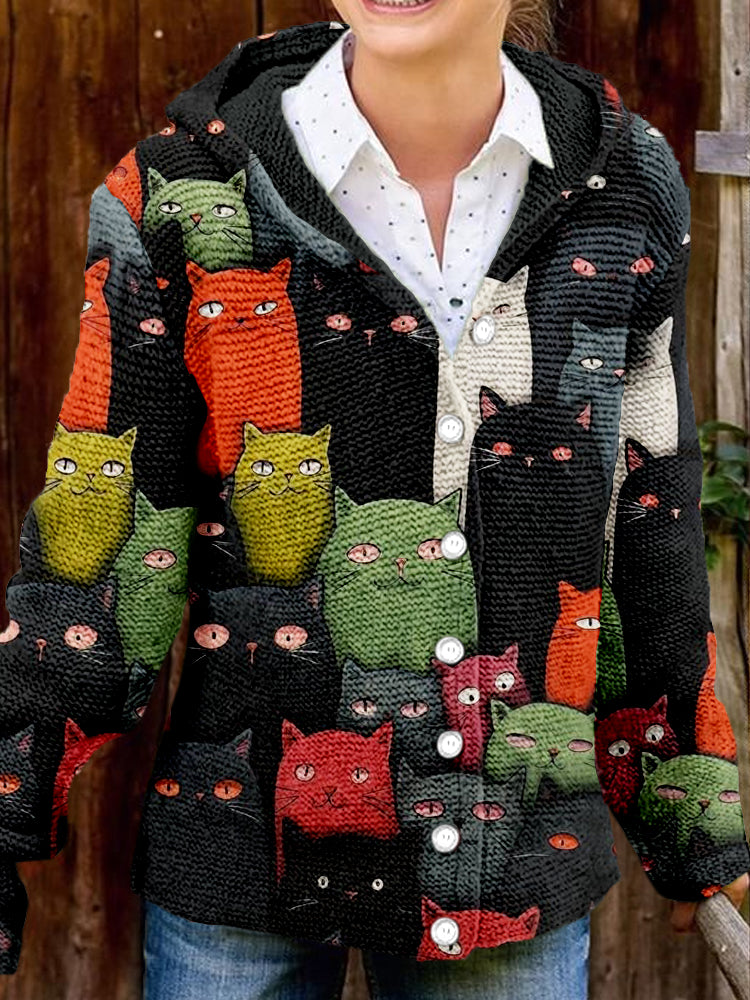 Cute Crowded Cats Pattern Cozy Hooded Button Cardigan