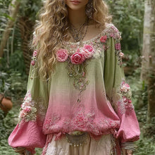 Load image into Gallery viewer, Pink Rose Embroidery Print Round Neck Long Sleeve Linen Blend T-shirt