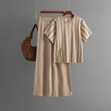 Load image into Gallery viewer, Casual Vertical Stripe Slit Top &amp; High Waist Solid Color Pants Two-Piece Set