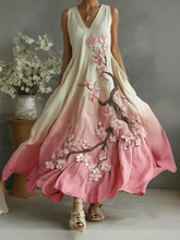 Load image into Gallery viewer, Vintage Cherry Blossoms Embroidered Pattern Linen V Neck Long Dress