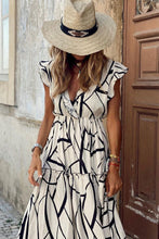 Load image into Gallery viewer, Geometric Print V-neck Ruffle Midi Dress