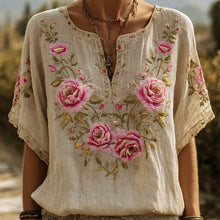 Load image into Gallery viewer, Vintage Pink Roses Embroidered Lace Patchwork Linen T Shirt