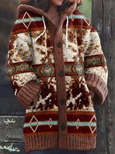 Load image into Gallery viewer, Wearshes Vintage Western Print Cozy Knit Hooded Cardigan