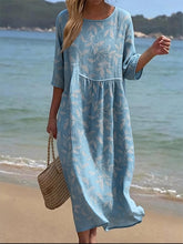 Load image into Gallery viewer, Women's Casual  Round Neck Mid Sleeve Print Cotton and Linen Dress