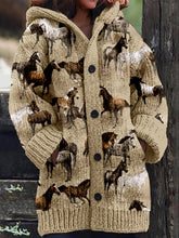 Load image into Gallery viewer, Western Wild Horses Pattern Cozy Knit Hooded Cardigan