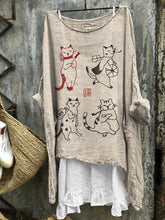 Load image into Gallery viewer, Funny Cat Japanese Art Embroidered Linen Blend Tunic