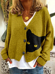 Black Cat Knit Art V Neck Cozy Button Cardigan