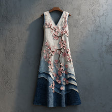 Load image into Gallery viewer, Women's Cherry Blossoms Embroidery And Huge Waves Patchwork Art Linen Midi Dress