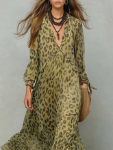 Load image into Gallery viewer, Olive Green Leopard Print Chiffon Long-sleeved Bohemian Dress