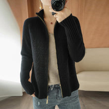 Load image into Gallery viewer, Cable-Knit Apricot Plain Zip V Neck Sweater Cardigan