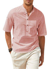 Load image into Gallery viewer, Mens Cotton Linen Henley Shirt Casual Button Down Short Sleeve Tropical Shirts Summer Beach T Shirts