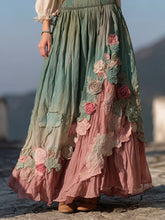 Load image into Gallery viewer, Vintage Boho Roses Embroidered Gradient Flowy Linen Skirt