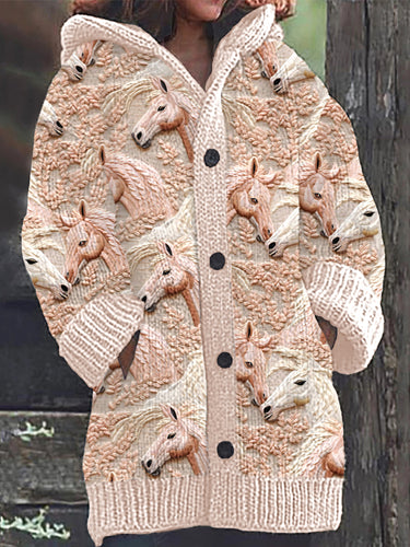 Western Horse Embroidery Pattern Cozy Knit Hooded Cardigan