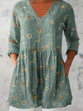 Load image into Gallery viewer, Women's Elegant Floral Pattern Round Neck Cotton and Linen Top